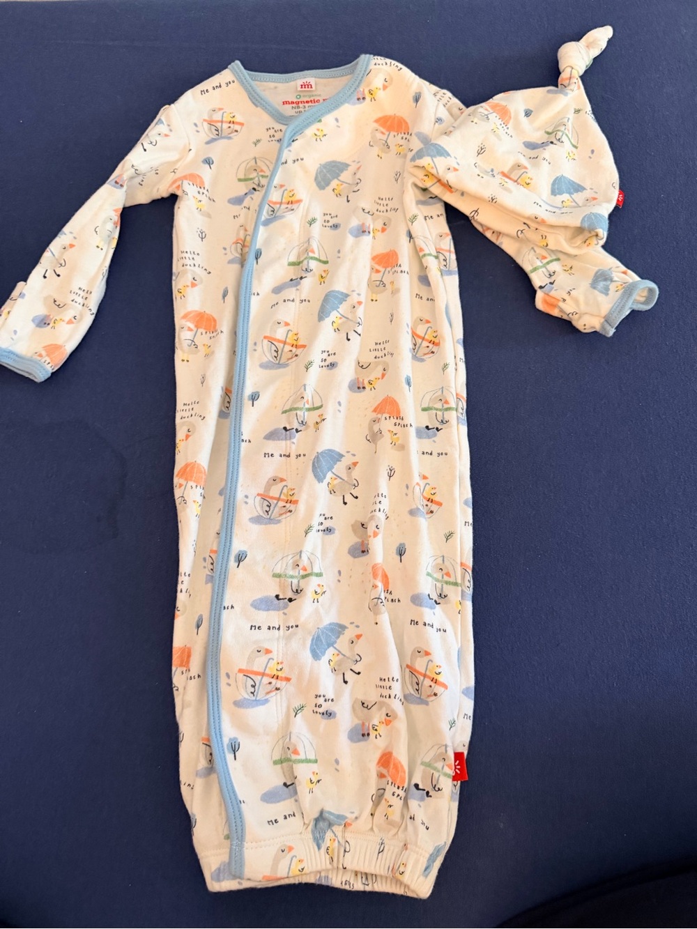 Blue Trim Umbrella Print Sleep Gown & Hat - Infant